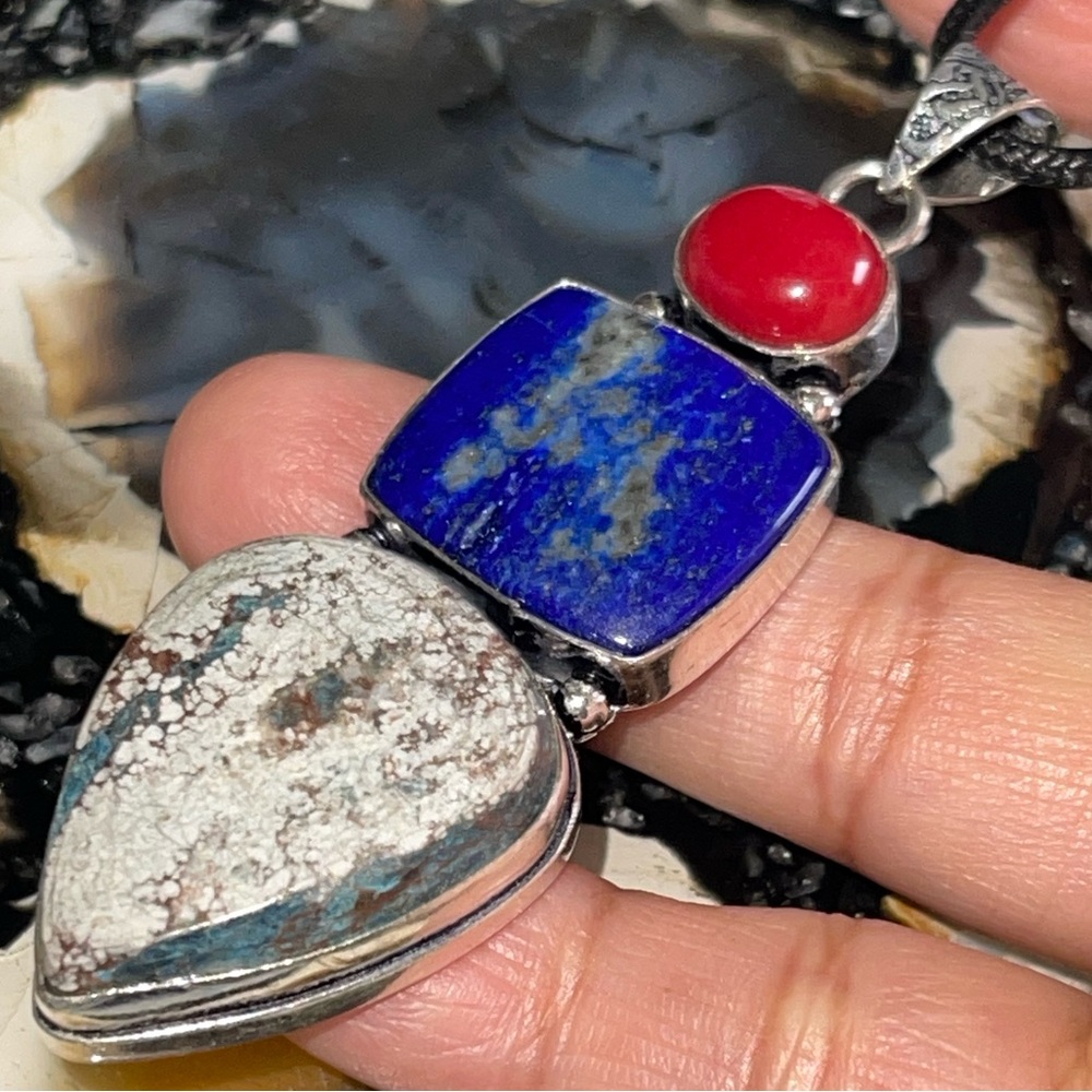 Sterling Silver Lapis & Coral Trio Pendant Necklace